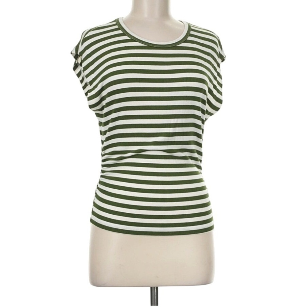 NEW Evereve Michael Stars Joni Stripe Crew Neck Ribbed Top Medium Green White